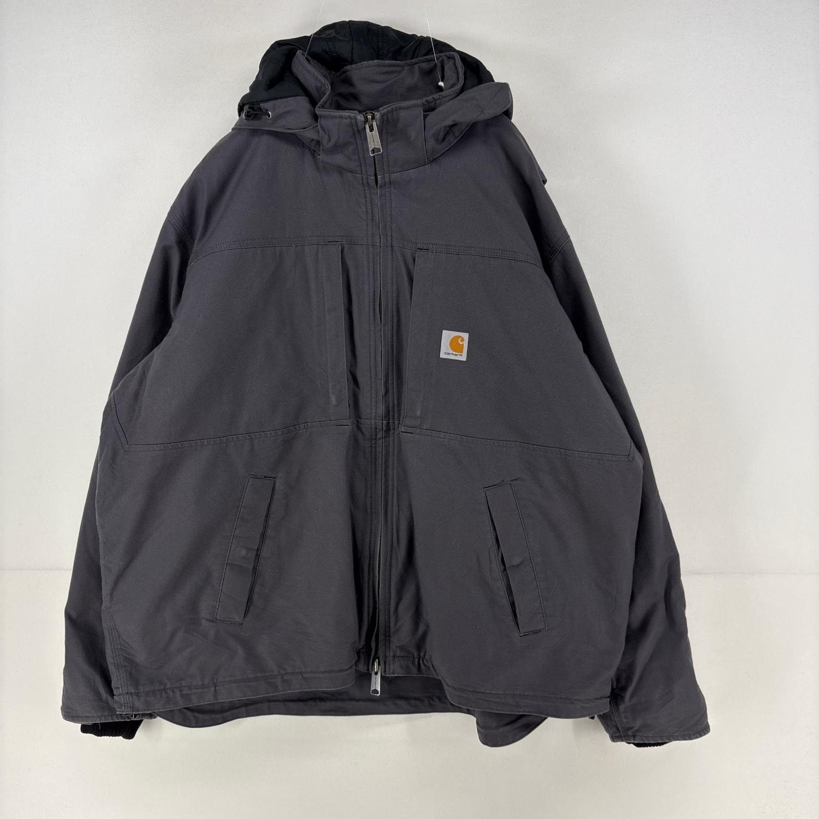 古着 カーハート Carhartt ダック ジャケット 中綿 ロゴ ワーク パーカー フルジップ 大きいサイズ 2XL  グレー メンズ