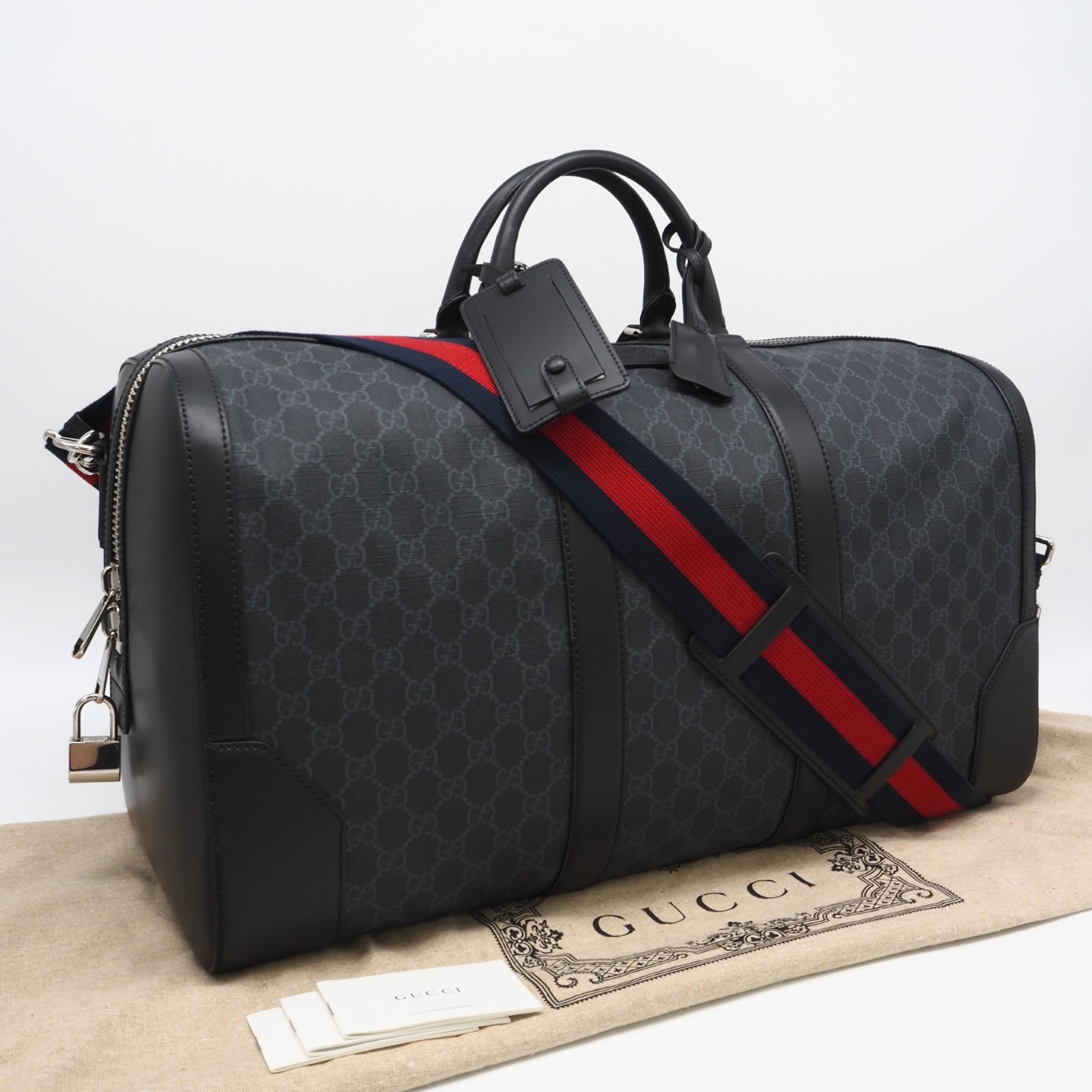 極美品 GUCCI グッチ GGスプリーム ボストンバッグ 478323 ボストンバッグ グレー ネイビー レッド キャンバス レザー メンズ