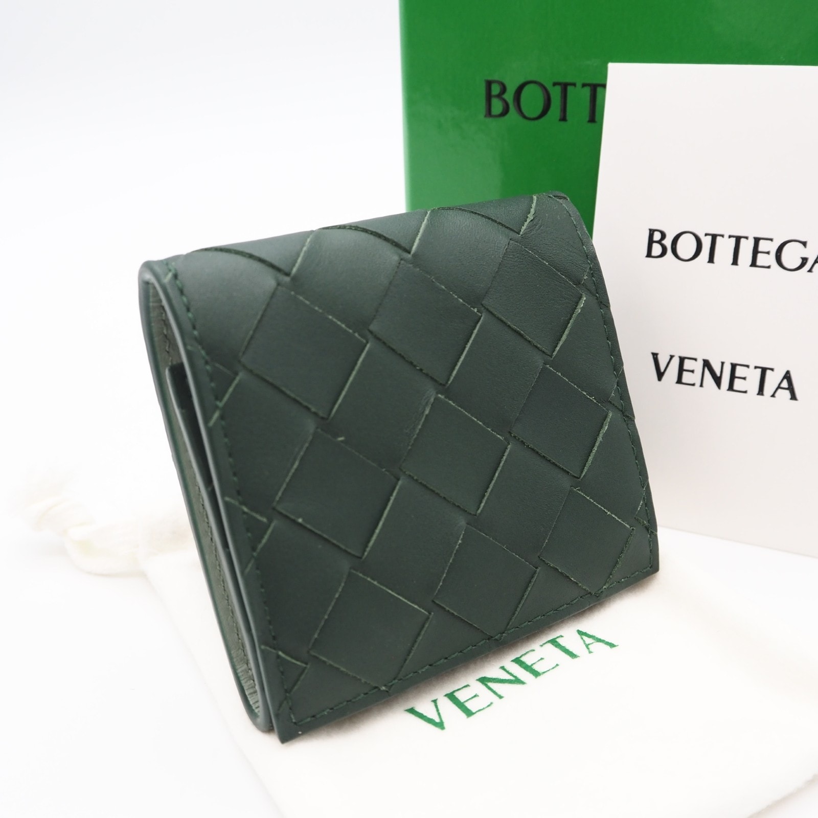 極美品 BOTTEGAVENETA ボッテガヴェネタ イントレチャート 折り畳みコインケース 596579 コインケース グリーン カーフレザー メンズ