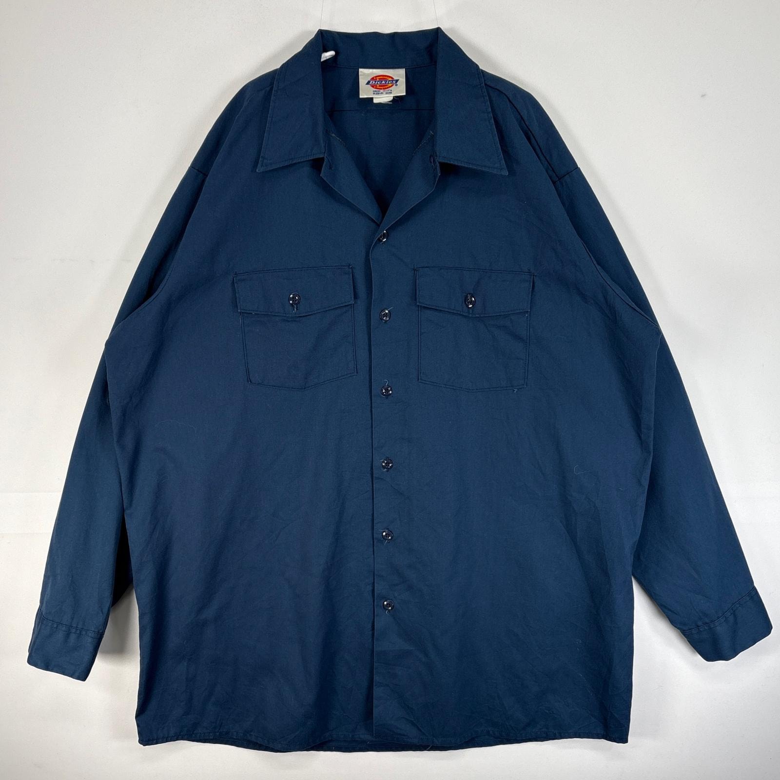 古着 80's~90's/80年代~90年代 ヴィンテージ ディッキーズ Dickies 長袖シャツ ワーク フラップポケ USA製 大きいサイズ 2XL ネイビー 無地 メンズ