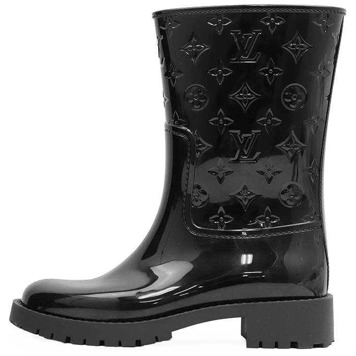 【美品】LOUIS VUITTON ルイ・ヴィトン レインブーツ サイズ 37 レディース ドロップスライン ロゴ LV モノグラム パターン エンボス ラバー 防水 シューズ 長靴 袋付属 ブラック 黒 イタリア製