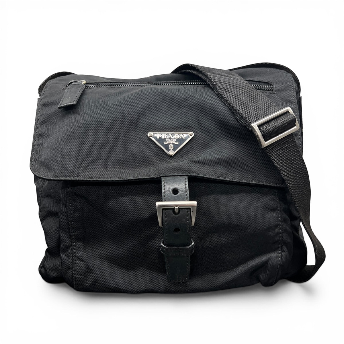 PRADA 美品 プラダ VELA トライングルロゴ ショルダーバッグ BT8994 テスート ナイロン レザー ブラック 三角プレート ロゴプレート クロスボディ メッセンジャーバッグ ABランク 鑑定済 中古 プラダバッグ