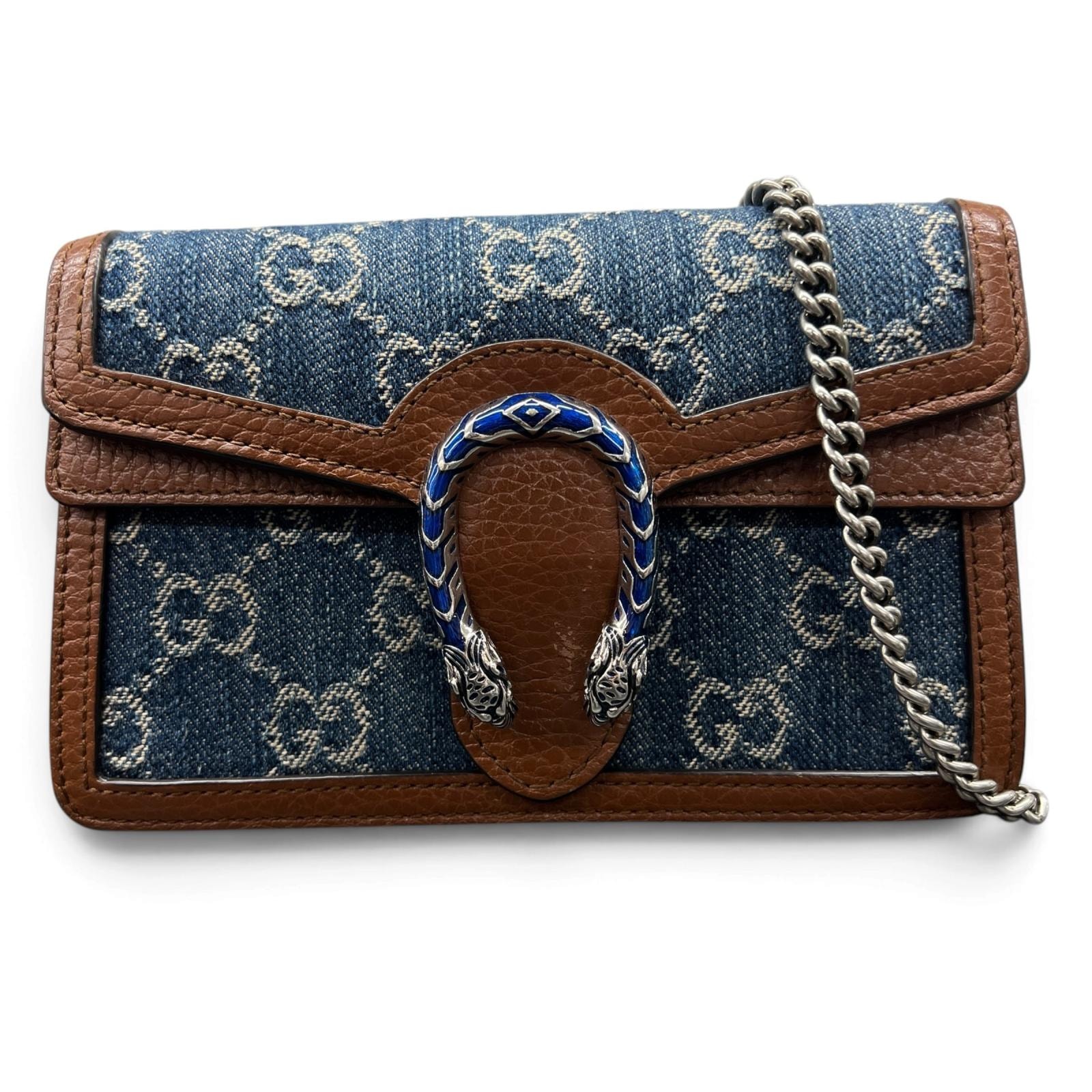GUCCI 極美品 グッチ ディオニュソス スーパーミニバッグ デニム GG チェーンショルダーバッグ 476432 デニム レザー ブルー ブラウン ポシェット クロシェット Aランク 中古 鑑定済 グッチバッグ