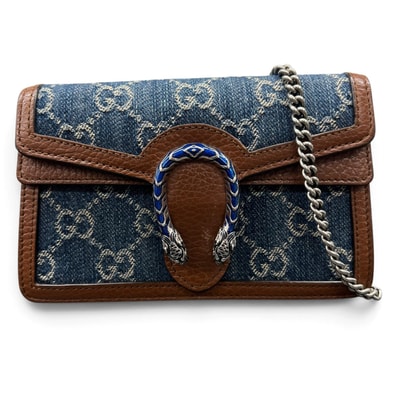 GUCCI 極美品 グッチ ディオニュソス スーパーミニバッグ デニム GG チェーンショルダーバッグ 476432 デニム レザー ブルー ブラウン ポシェット クロシェット Aランク 中古 鑑定済 グッチバッグ
