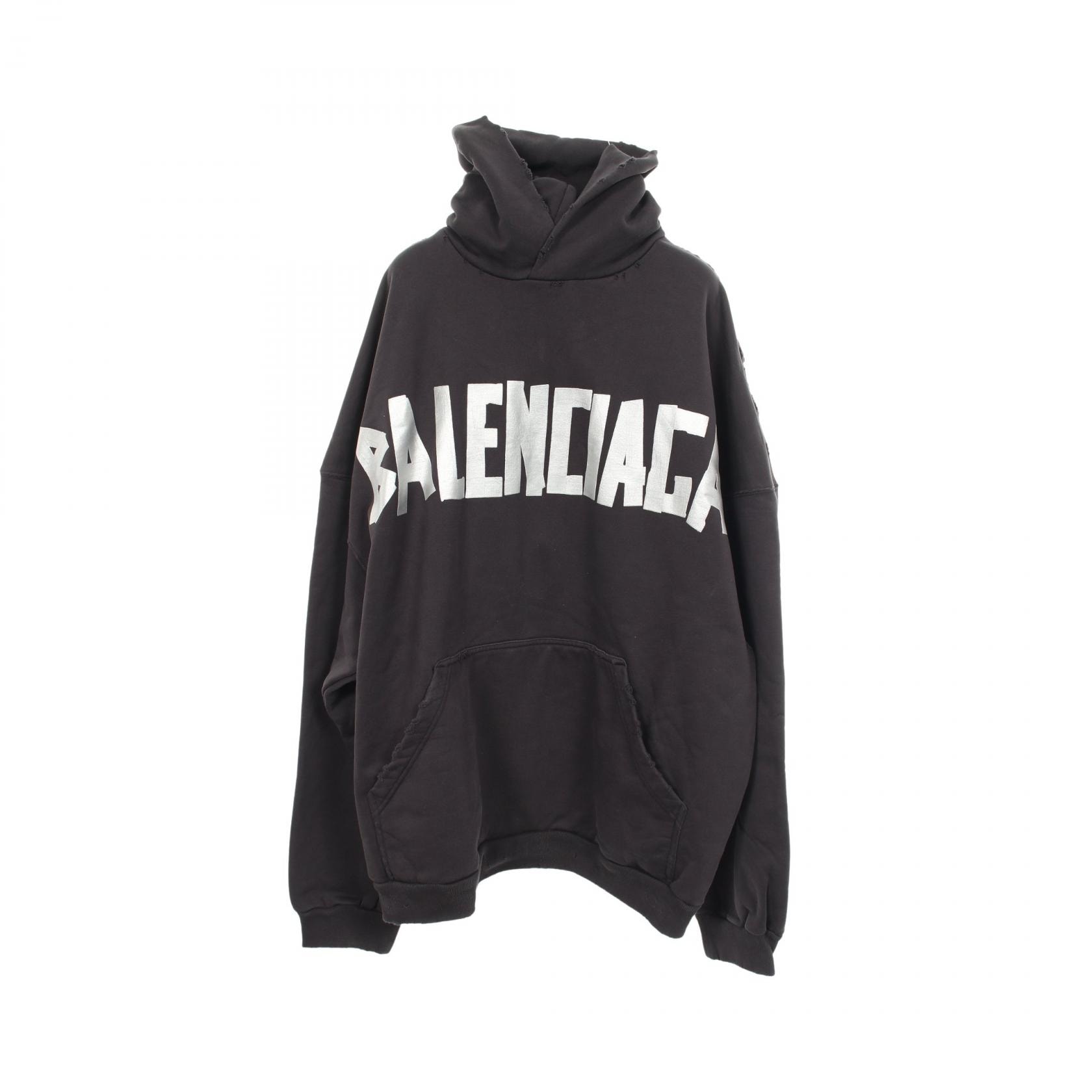 バレンシアガ BALENCIAGA ロゴプリント ダメージ加工 パーカー 衣料品 トップス コットン メンズ ブラック系 TJ12739024 【中古】