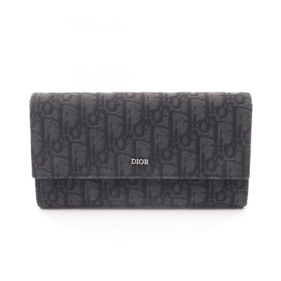 ディオール Dior オブリークジャカード ロングフラップウォレット 二つ折り長財布 財布 キャンバス メンズ ブラック系 【中古】
