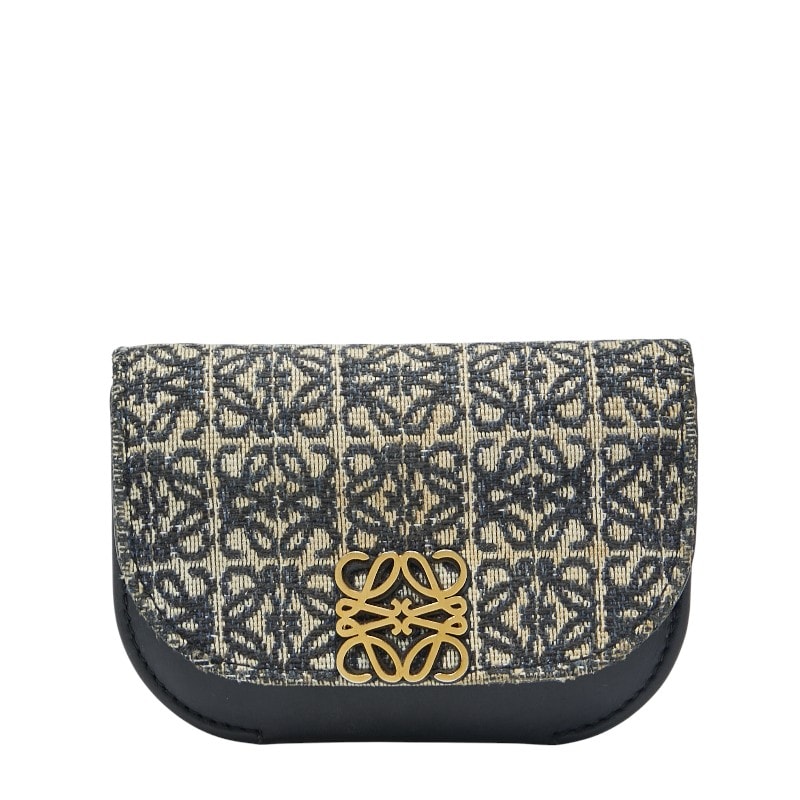 ロエベ リピートアナグラム ゴヤ コインケース ネイビー ベージュ キャンバス レザー レディース LOEWE 【中古】