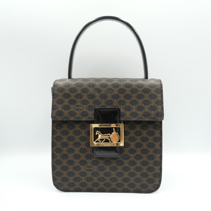 CELINE(セリーヌ)マカダム ヴィンテージ ハンドバッグ ホースキャリッジ 馬車金具 ブラック ブラウン PVC レザー ゴールド金具 レディース【中古】