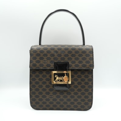 CELINE(セリーヌ)マカダム ヴィンテージ ハンドバッグ ホースキャリッジ 馬車金具 ブラック ブラウン PVC レザー ゴールド金具 レディース【中古】