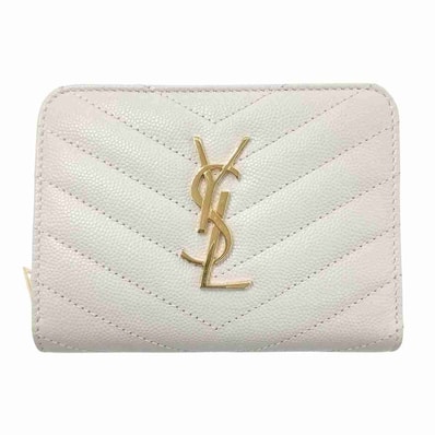 YVES SAINT LAURENT イヴ・サンローラン カサンドラ Vステッチ コンパクトウォレット 二つ折り財布 403723 BOW01 レザー ホワイト ゴールド レディース【中古】
