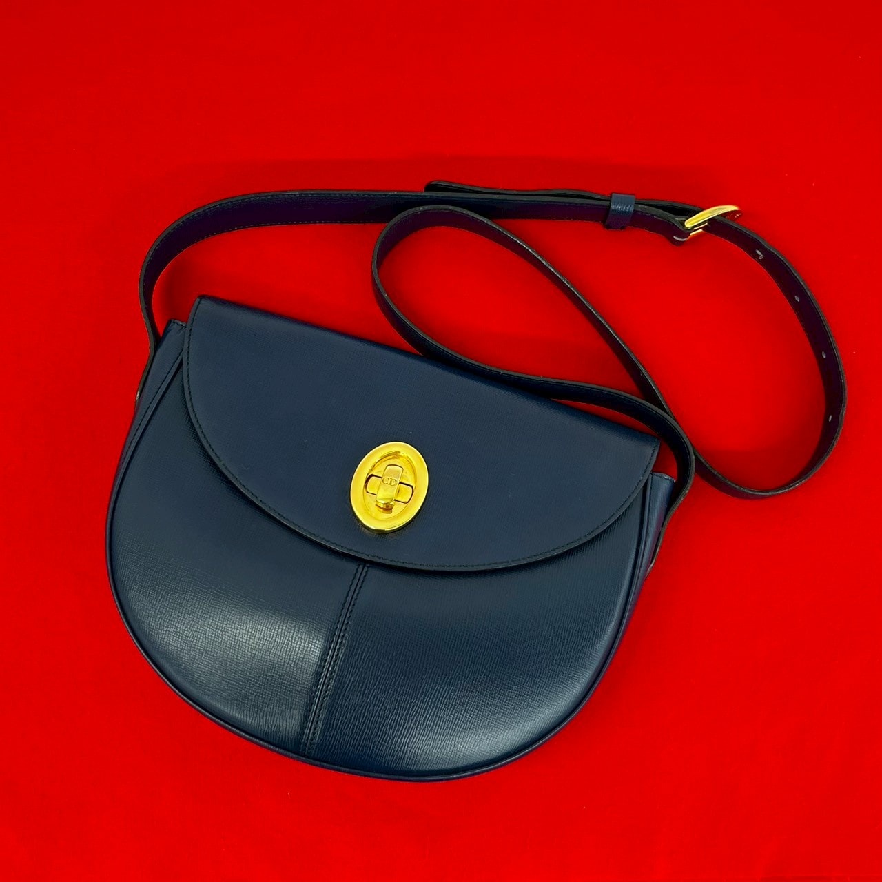 Christian Dior ディオール CD ロゴ 金具 レザー ショルダーバッグ ネイビー
 64265