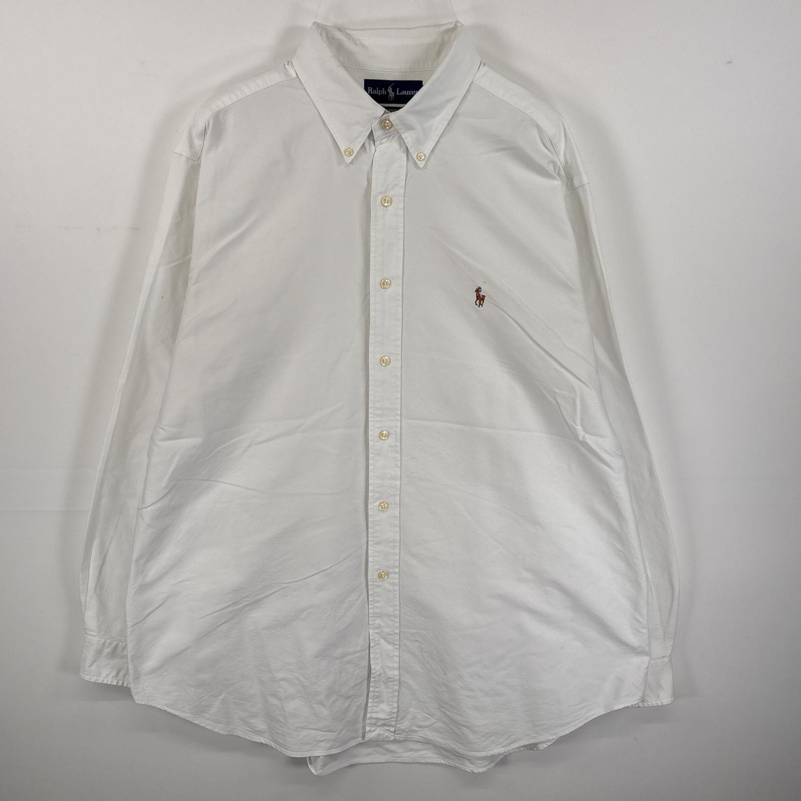 古着 ラルフローレン RALPH LAUREN 長袖シャツ ボタンダウンシャツ ワンポイント ロゴ 刺繍 大きいサイズ 17 1/2 XL-2XL  ホワイト 無地 メンズ
