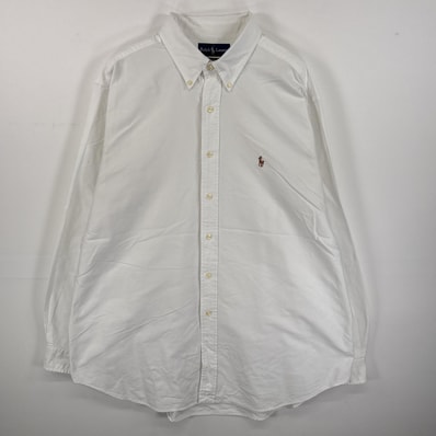 古着 ラルフローレン RALPH LAUREN 長袖シャツ ボタンダウンシャツ ワンポイント ロゴ 刺繍 大きいサイズ 17 1/2 XL-2XL ホワイト 無地 メンズ