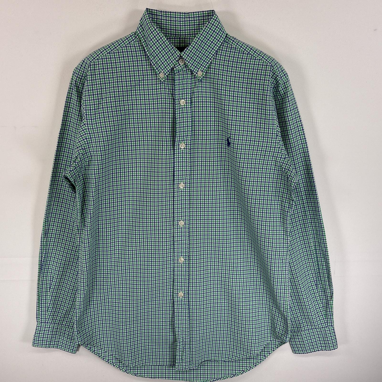 古着 ラルフローレン RALPH LAUREN 長袖シャツ ワンポイント ロゴ 刺繍 薄手 ボタンダウンシャツ S  グリーン系 チェック メンズ
