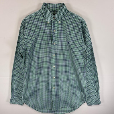 古着 ラルフローレン RALPH LAUREN 長袖シャツ ワンポイント ロゴ 刺繍 薄手 ボタンダウンシャツ S グリーン系 チェック メンズ