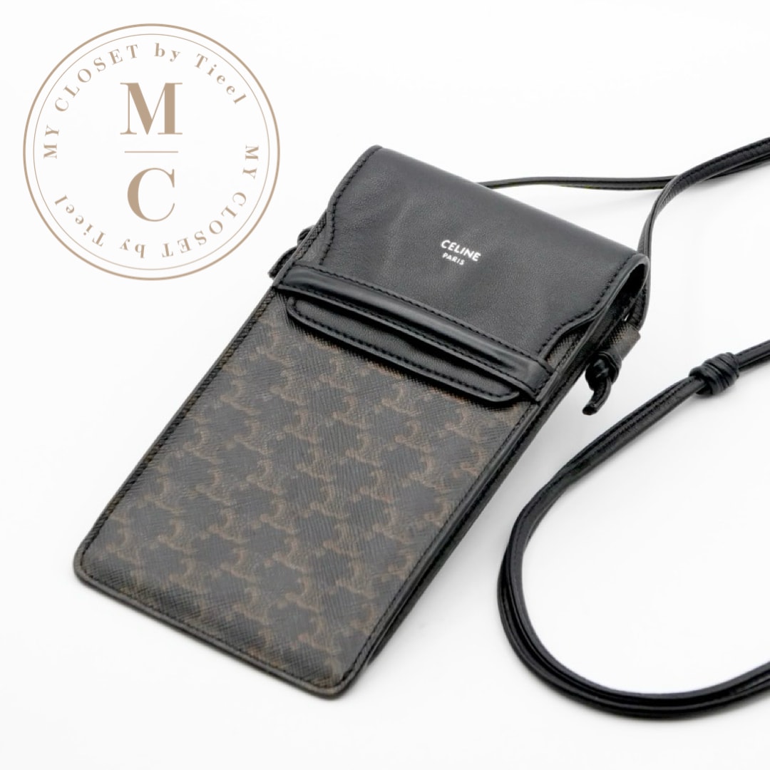 セリーヌ CELINE 携帯・スマホアクセサリー レザー キャンバス ブラック トリオンフ ロゴ フォンケース モバイルポーチ ポシェット