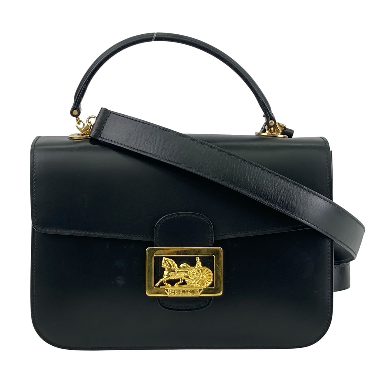 CELINE セリーヌ ヴィンテージ 馬車金具 ハンドバッグ 2WAY ショルダーバッグ レザー ブラック ゴールド レディース【中古】