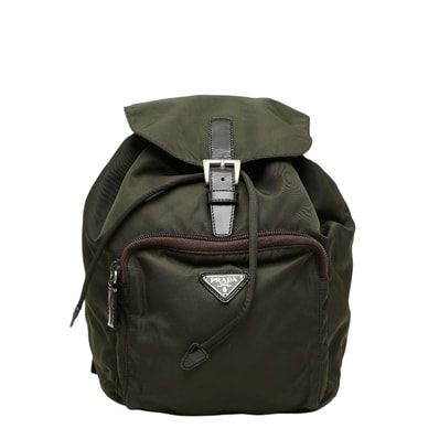 プラダ 三角ロゴプレート リュック バックパック グリーン ナイロン レザー レディース PRADA 【中古】