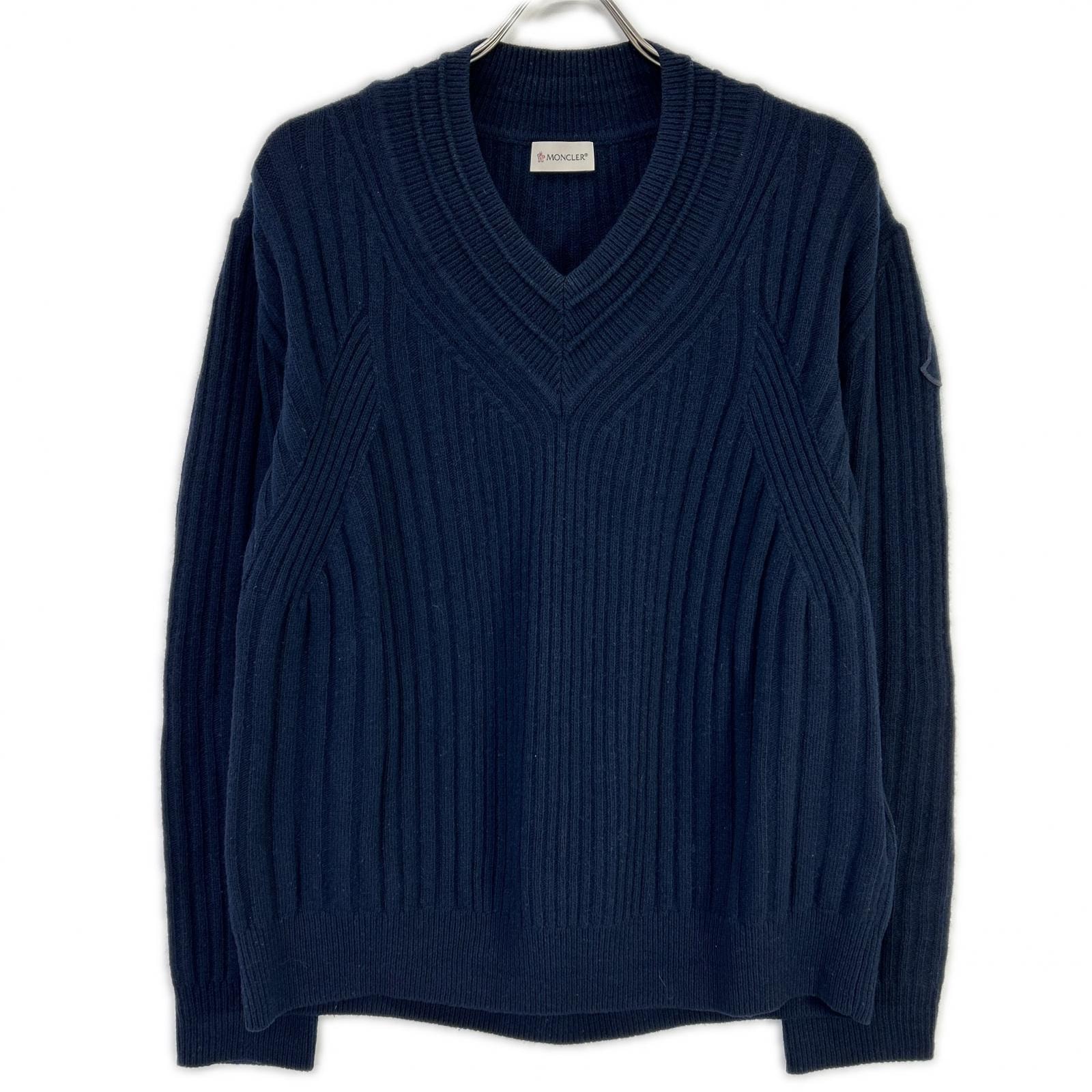 モンクレール 22年製 SCOLLO A V TRICOT ネイビー ウール100 Vネック ロゴワッペン ニットプルオーバー M