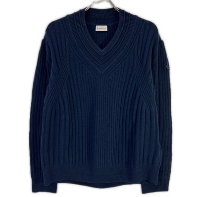 モンクレール 22年製 SCOLLO A V TRICOT ネイビー ウール100 Vネック ロゴワッペン ニットプルオーバー M