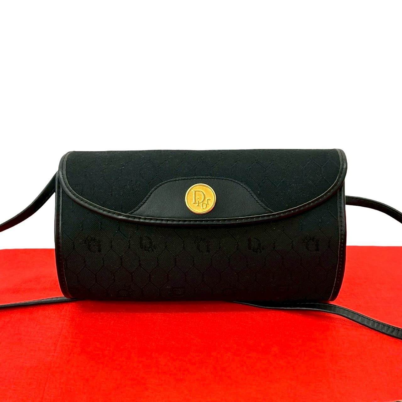 Christian Dior ディオール ロゴ 金具 ハニカム 柄 キャンバス レザー ショルダーバッグ ブラック
 98118