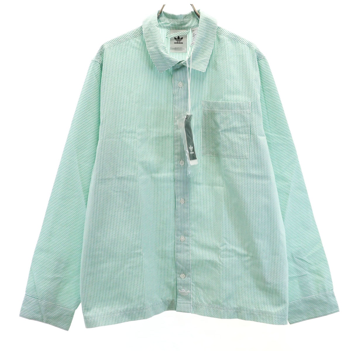 未使用 adidas アディダス ストライプ トレフォイルロゴ 長袖 シャツ M グリーン系 タグ付き