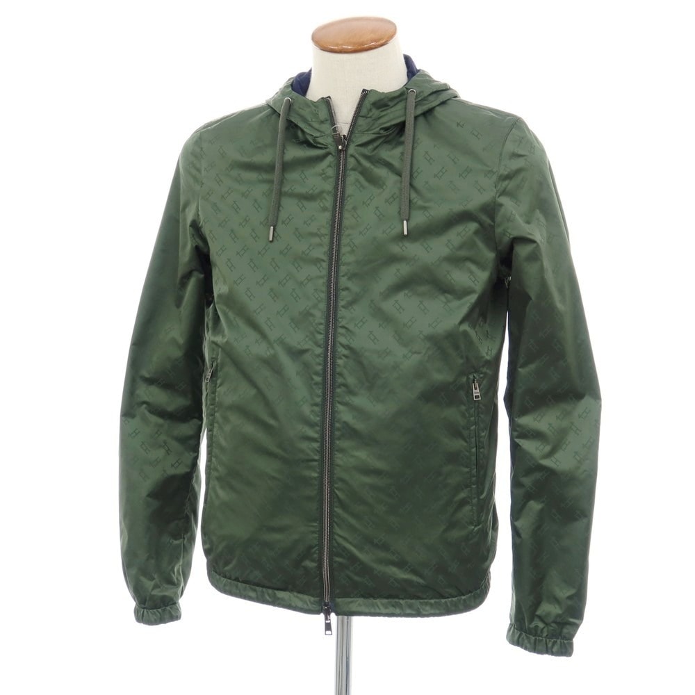 【中古】ヘルノ Herno リバーシブル モノグラム柄ジャカード&ストレッチメッシュ フーデッドブルゾン グリーンxネイビー【サイズ46】【メンズ】