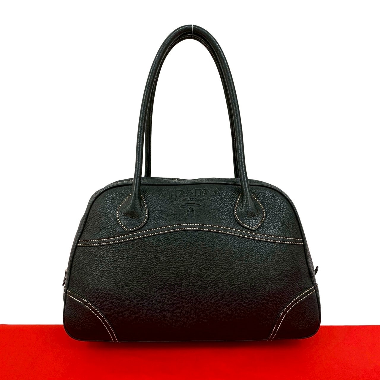 PRADA プラダ ロゴ 刻印 レザー ボストンバッグ ブラック
 21897