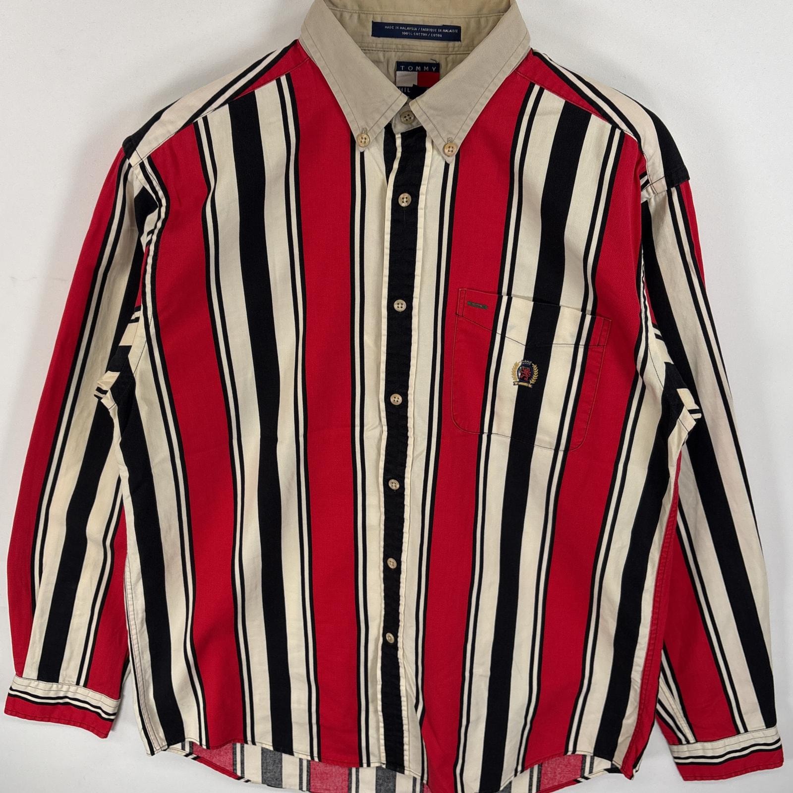 古着 90's/90年代 トミーヒルフィガー TOMMY HILFIGER 長袖シャツ ワンポイント ロゴ 刺繍 ボタンダウンシャツ 胸ポケ XL  レッド系 マルチカラー レディース