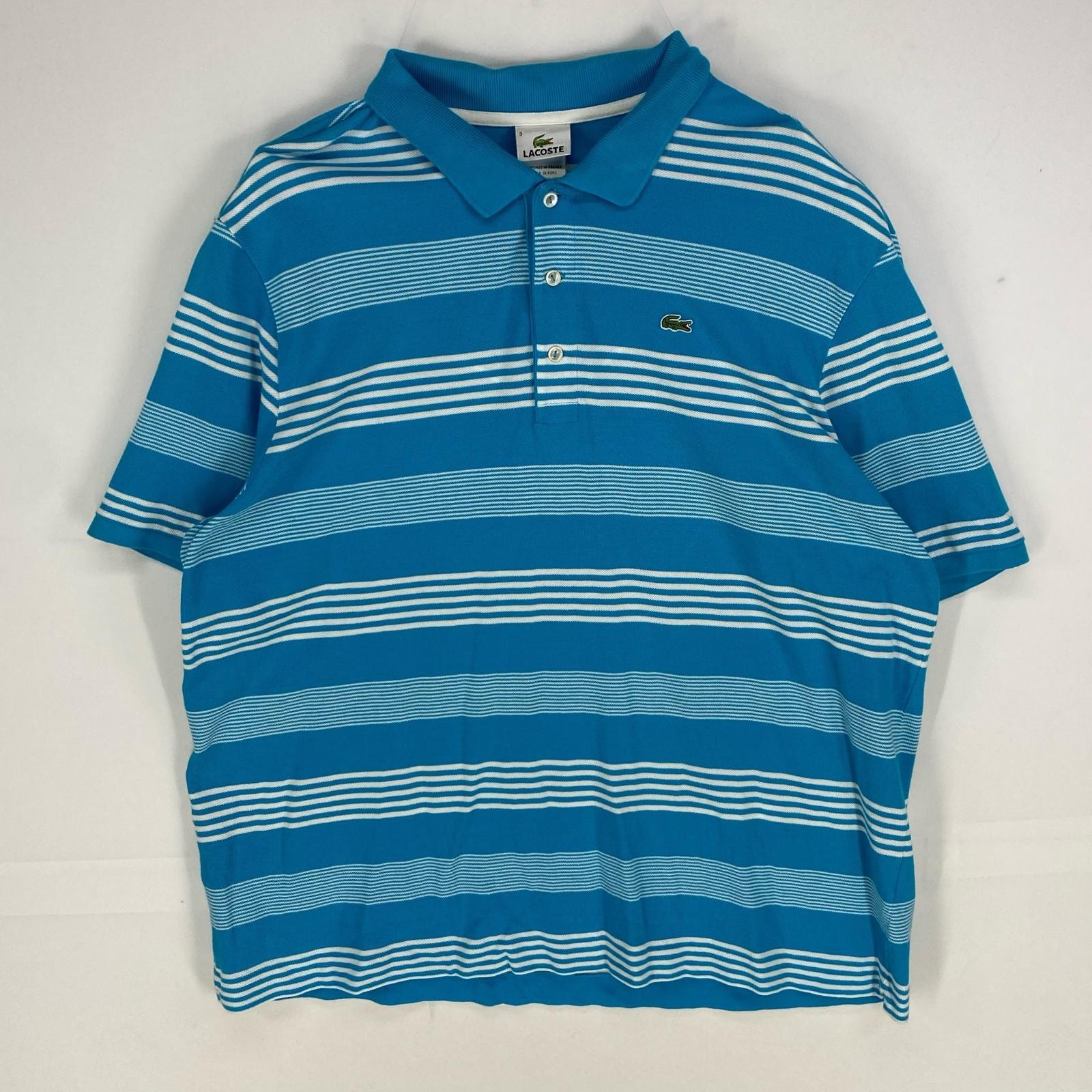 古着 ラコステ LACOSTE 鹿の子 半袖シャツ ワンポイント ロゴワッペン ポロシャツ ショートスリーブ 4XL  ブルー系 ボーダー メンズ