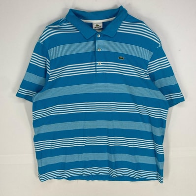古着 ラコステ LACOSTE 鹿の子 半袖シャツ ワンポイント ロゴワッペン ポロシャツ ショートスリーブ 4XL ブルー系 ボーダー メンズ