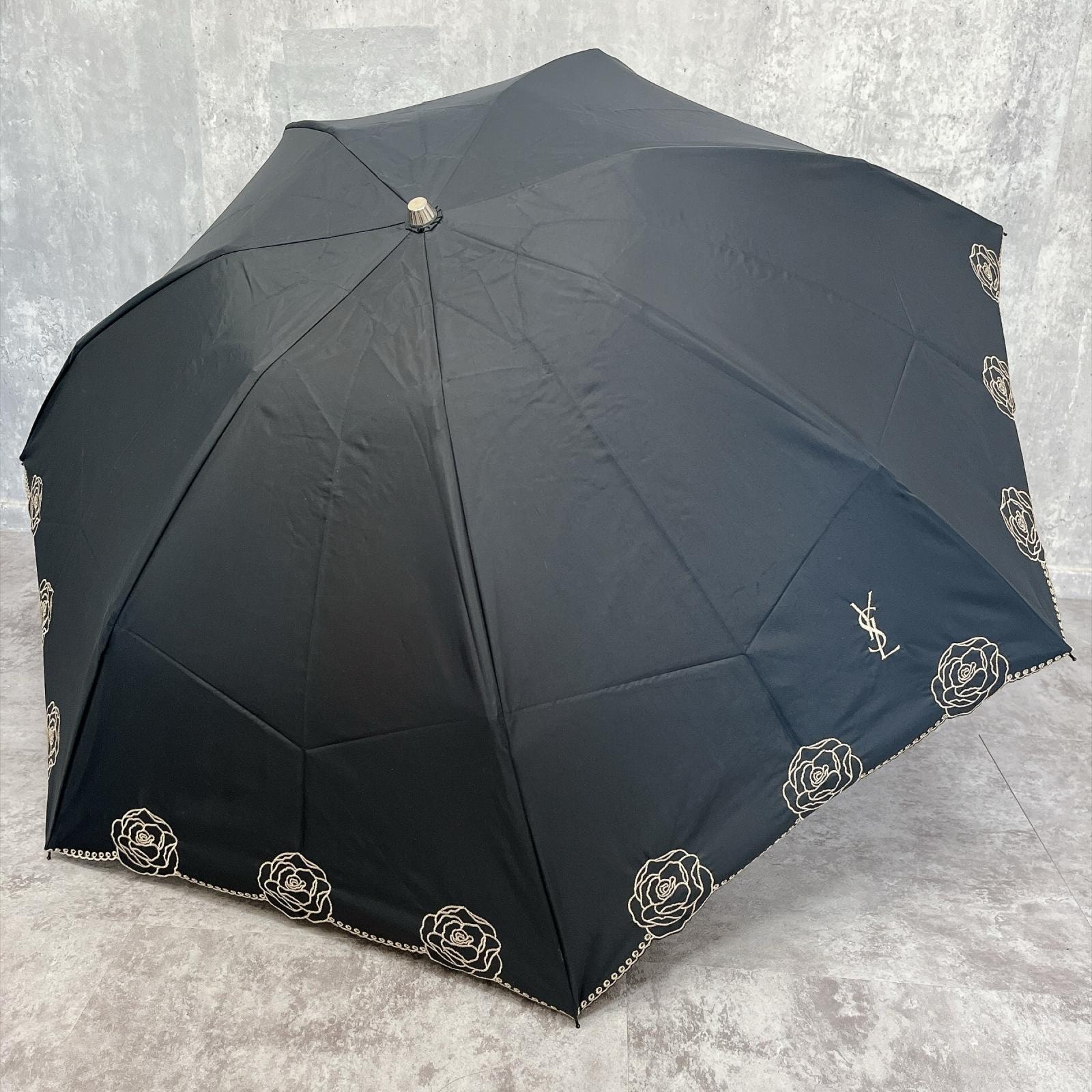 【YVES SAINT LAURENT】イヴサンローラン 傘 薔薇 バラ ローズ 花柄 フラワー 刺繍 縁取り バイカラー ブラック 黒 ベージュ レディース
