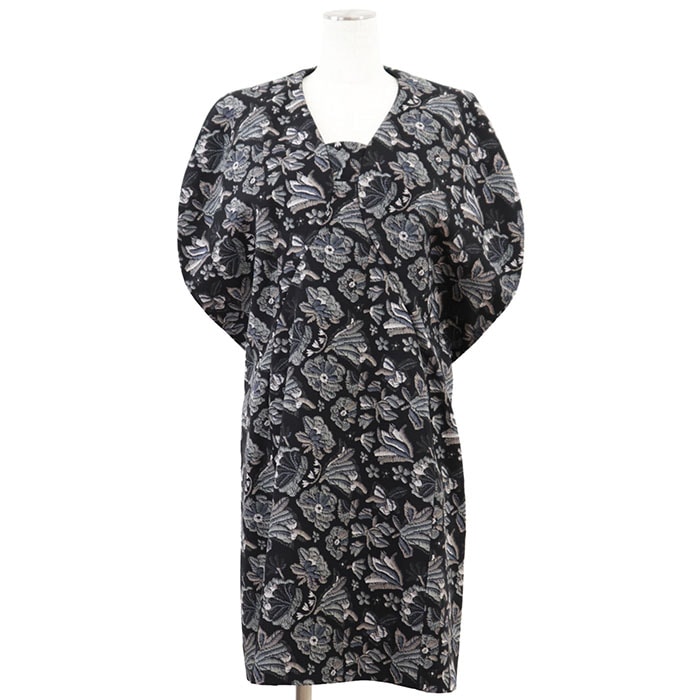 【新品同様】LOUIS VUITTON ルイ・ヴィトン ワンピース シルク100% スムース 2023AW ボタニカル フラワー 花柄 ドルマン ケープスリーブ スクエアネック Iライン ドレス レディース サイズ 42 ブラック 黒 マルチカラー フランス製