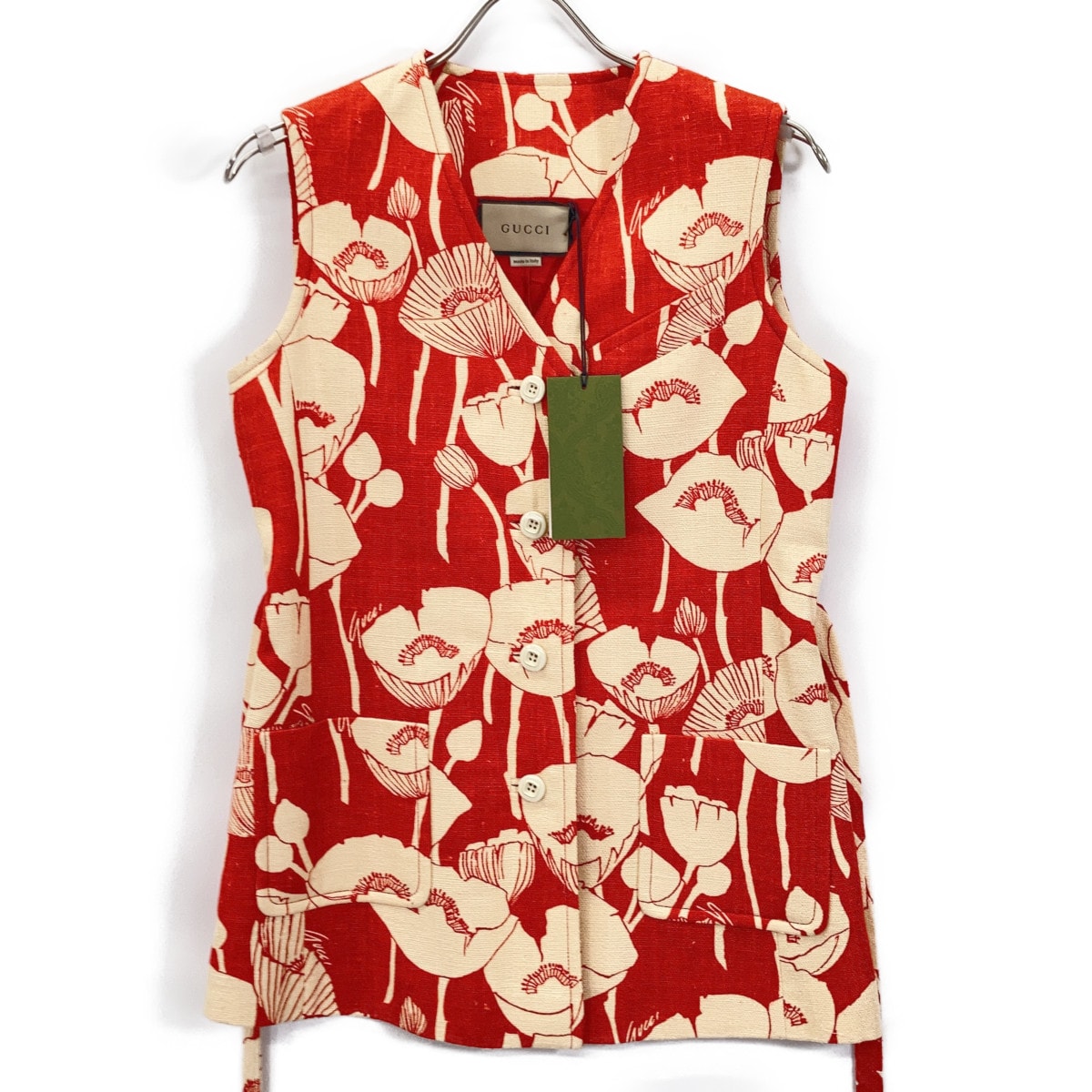 グッチ 652265 21年 レッド シルク100 ポピーフラワー ジャガードジレベスト 38