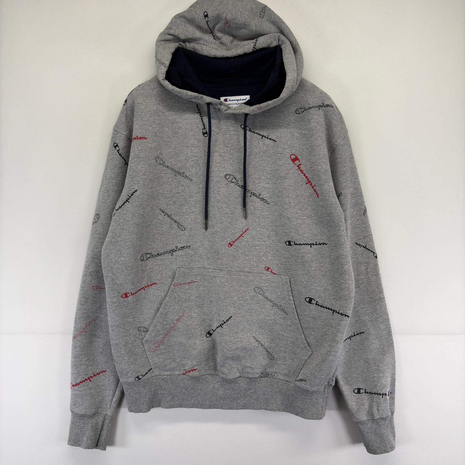 古着 チャンピオン Champion パーカー プルオーバー スウェット 総柄 ロゴ M  グレー 総柄 メンズ
