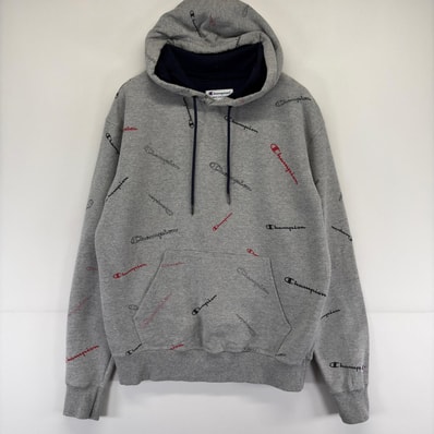 古着 チャンピオン Champion パーカー プルオーバー スウェット 総柄 ロゴ M グレー 総柄 メンズ