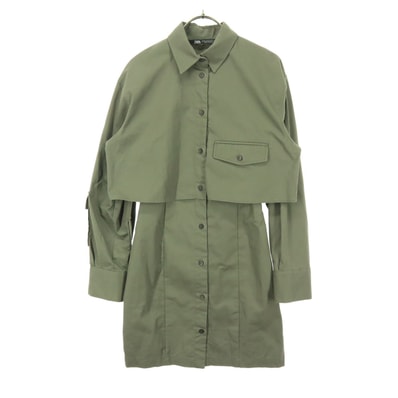 美品 ZARA ザラ 長袖 シャツワンピース XS カーキ 膝丈