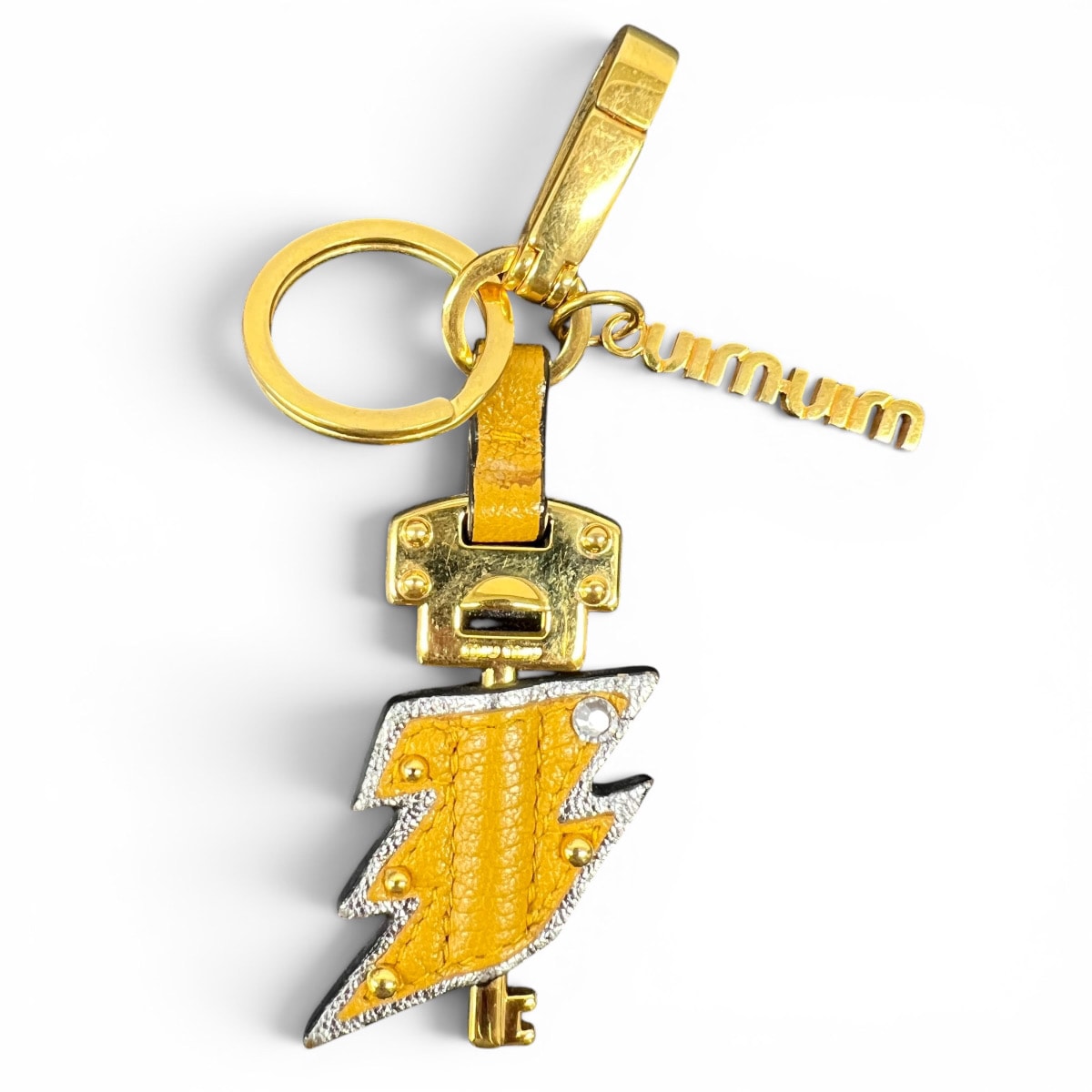 MIUMIU 希少 美品 ミュウミュウ イナズマ キーモチーフ バッグチャーム キーチャーム キーホルダー メタル レザー ゴールド イエロー ラインストーン 鍵モチーフ miumiu ABランク 中古 鑑定済 ミュウミュウチャーム