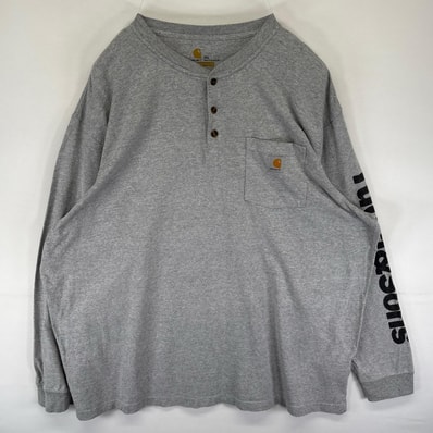 古着 カーハート Carhartt 長袖Tシャツ ヘンリーネック 袖ロゴ ワンポイントロゴ プリント 大きいサイズ 3XL グレー系 メンズ