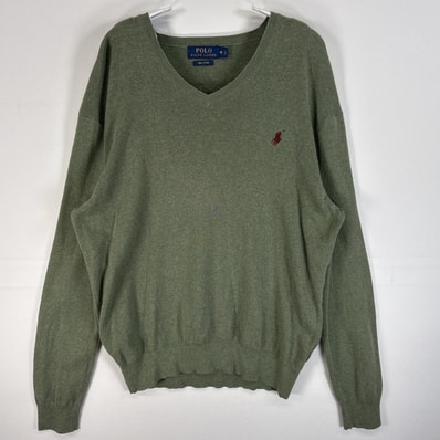 古着 ポロ・ラルフローレン POLO RALPH LAUREN 長袖 セーター ロゴ 刺繍 Vネック M グリーン 無地 メンズ