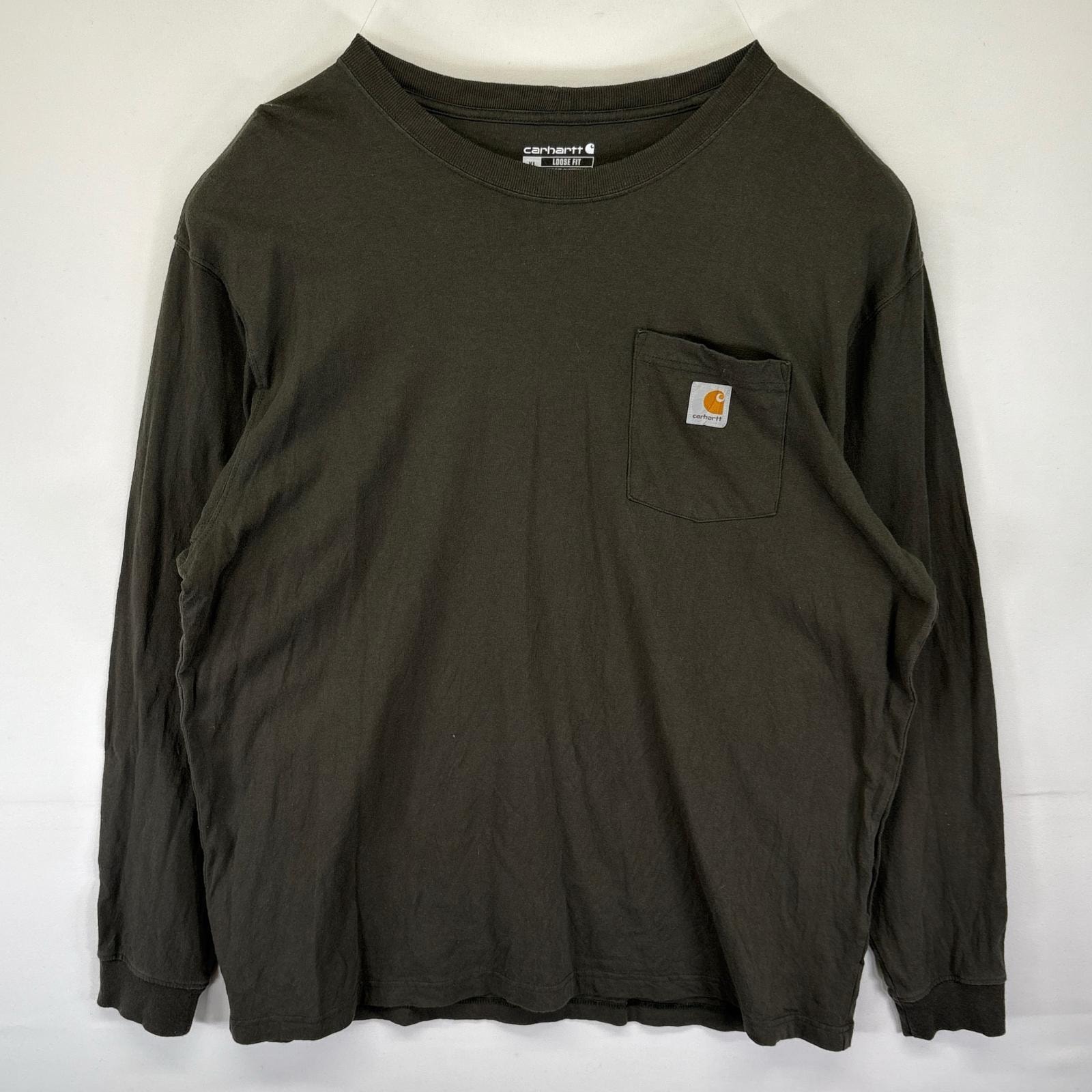 古着 カーハート Carhartt 長袖Tシャツ ロンT ワンポイントロゴ ポケット 大きいサイズ クルーネック XL  カーキ系 メンズ