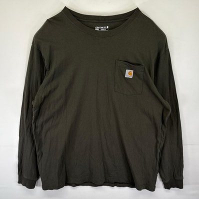 古着 カーハート Carhartt 長袖Tシャツ ロンT ワンポイントロゴ ポケット 大きいサイズ クルーネック XL カーキ系 メンズ
