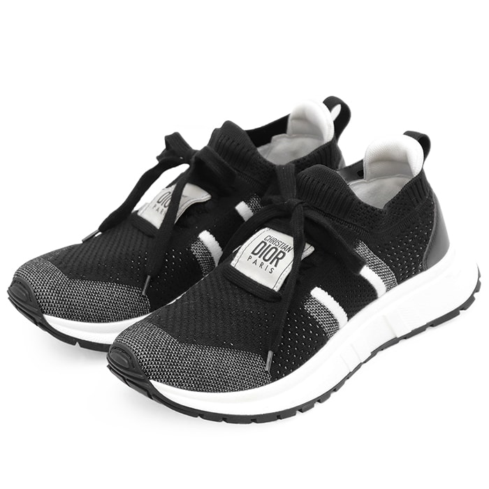 【極美品】Christian Dior クリスチャンディオール ソックスニーカー サイズ 38 レディース Run'n'Dior ランディオール テクニカルニット メッシュ ロゴプリント ローカット シューズ 靴 箱付属 ブラック ホワイト 黒 白 イタリア製