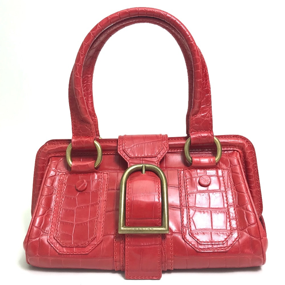 セリーヌ CELINE 型押し ベルト カバン ハンドバッグ レザー レッド