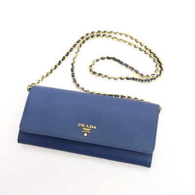 【中古】プラダ PRADA サフィアーノ レザー チェーンウォレット 長財布 ダークブルー【レディース】