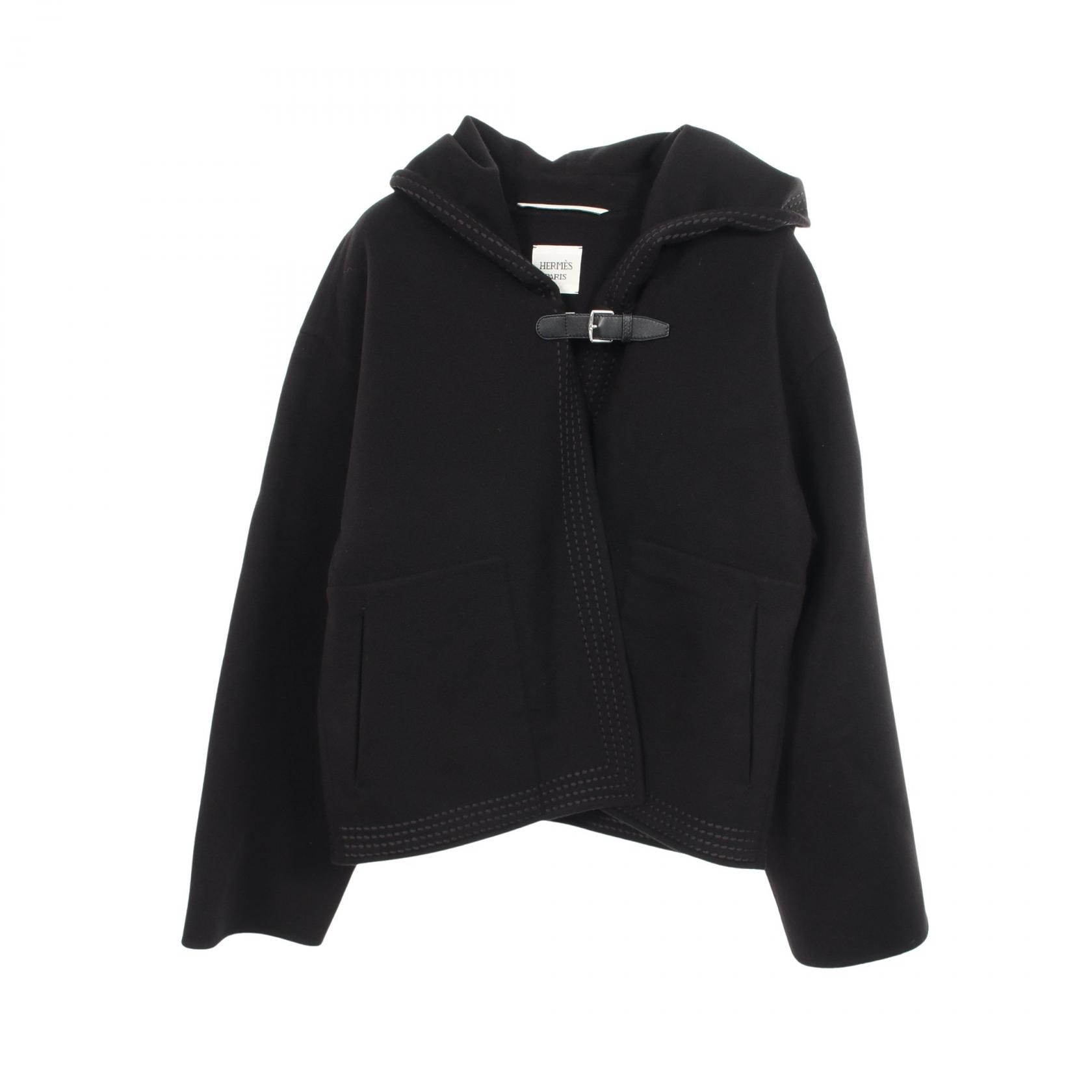 エルメス HERMES アルビオン Hパッサン フード付き 衣料品 アウター カシミヤ レディース ブラック系 6E0121DA 【中古】