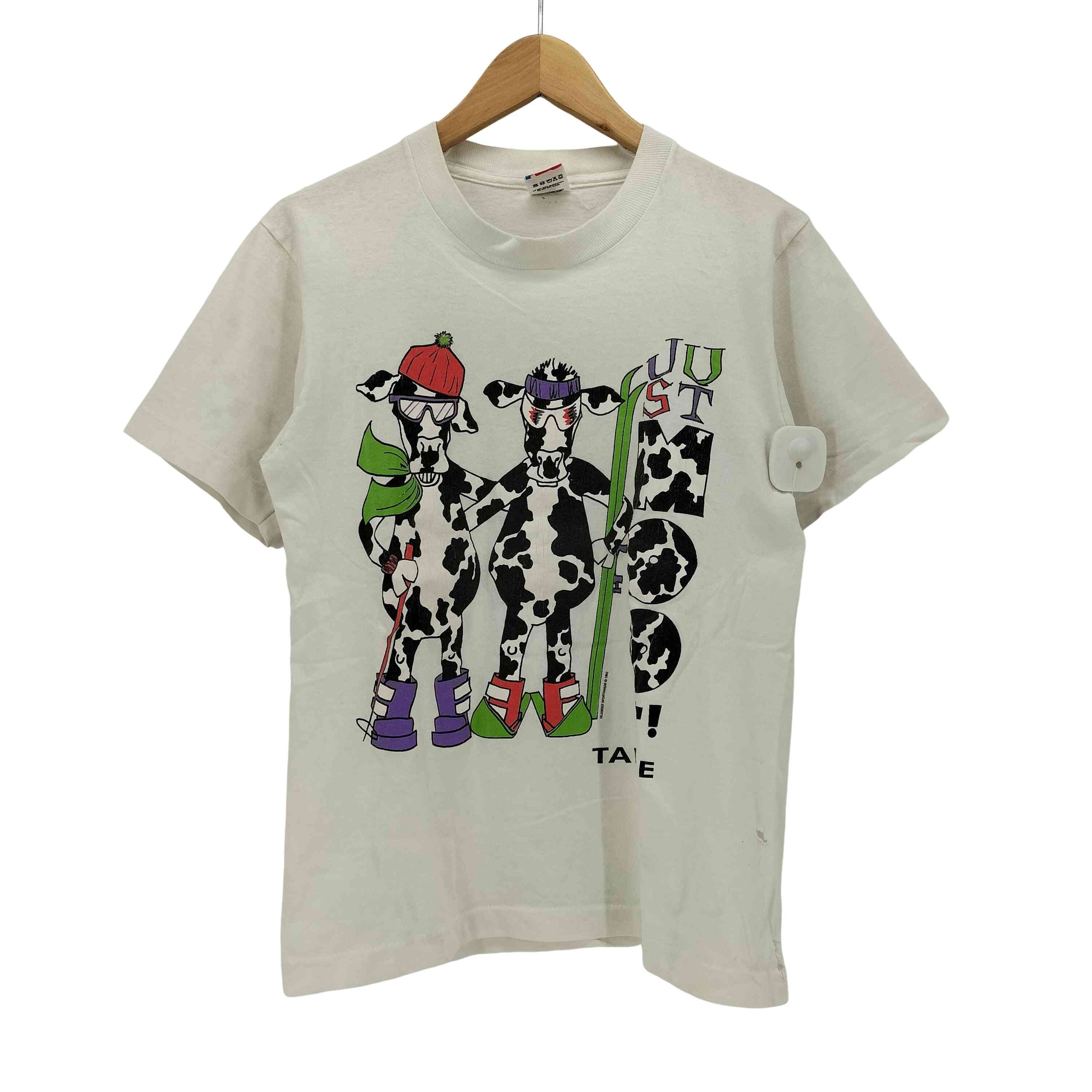 90S USA製 フロント キャラクター プリント クルーネック S/S Tシャツ 袖 裾 シングル【1141812341765】
