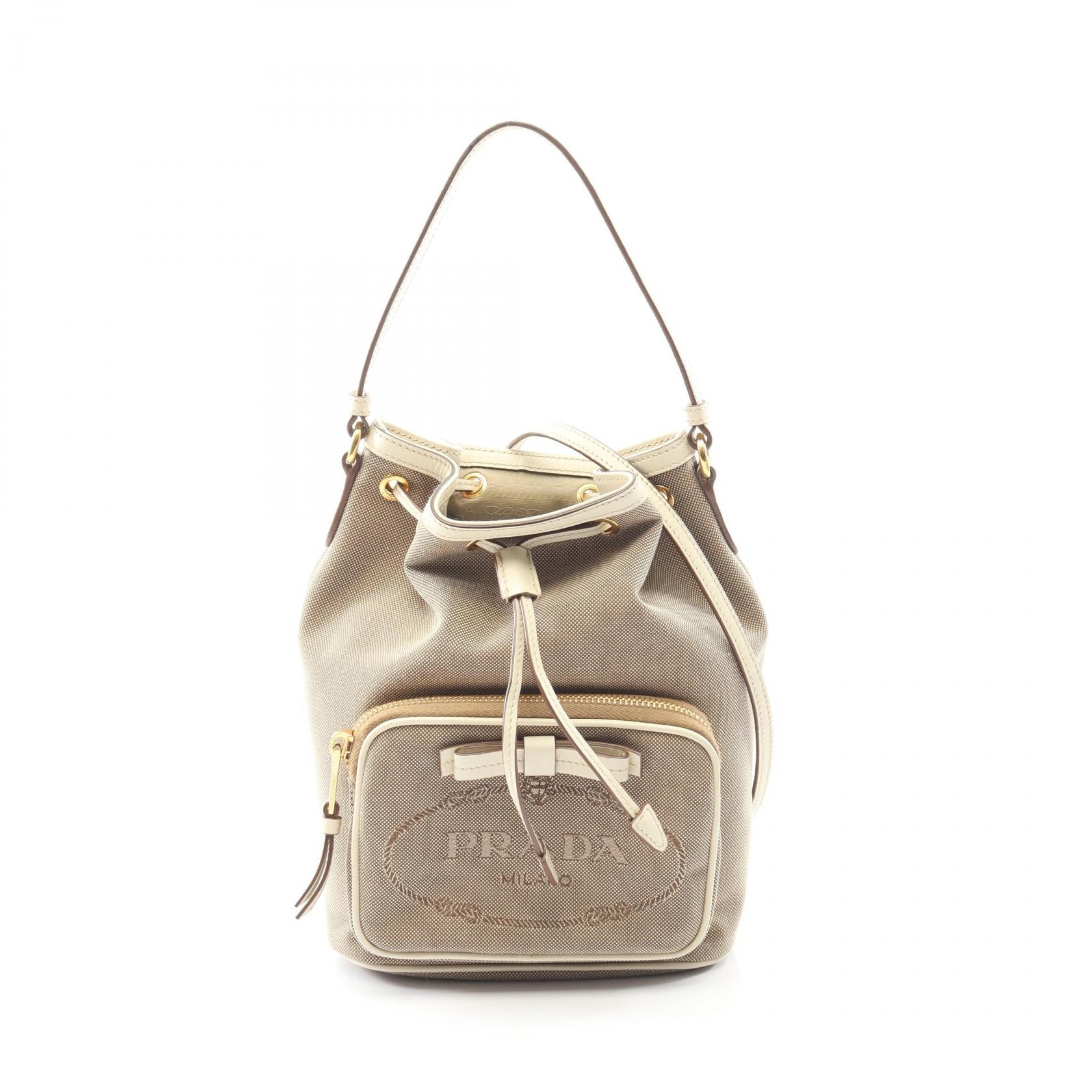 プラダ PRADA LOGO JACQUARD ハンドバッグ バッグ キャンバス レザー レディース ベージュ系 / ホワイト系 【中古】
