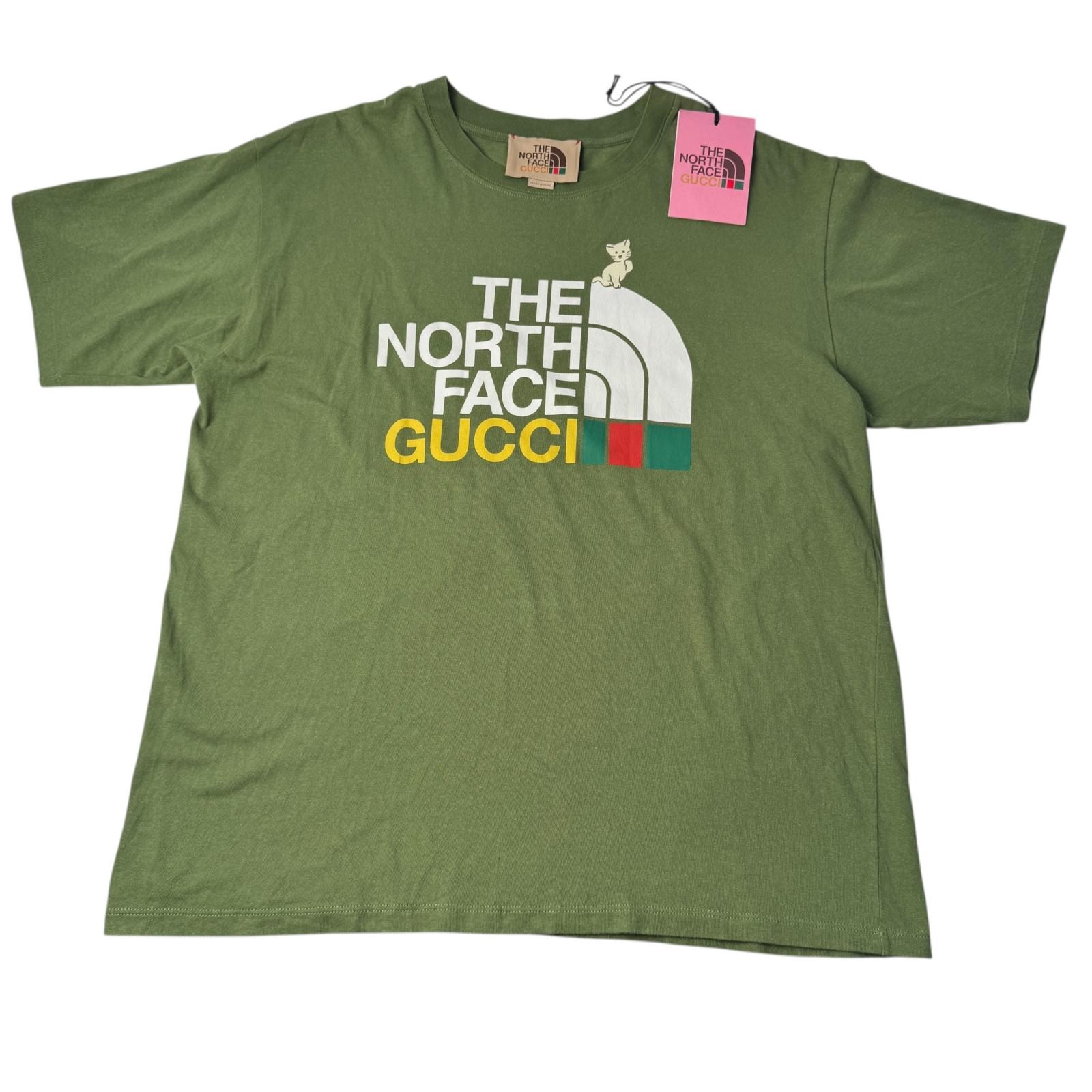 美品 グッチ×ノースフェイス GUCCI × THE NORTH FACE コラボ Tシャツ 猫 カーキ グリーン 616036 XJDRD 3450 メンズ