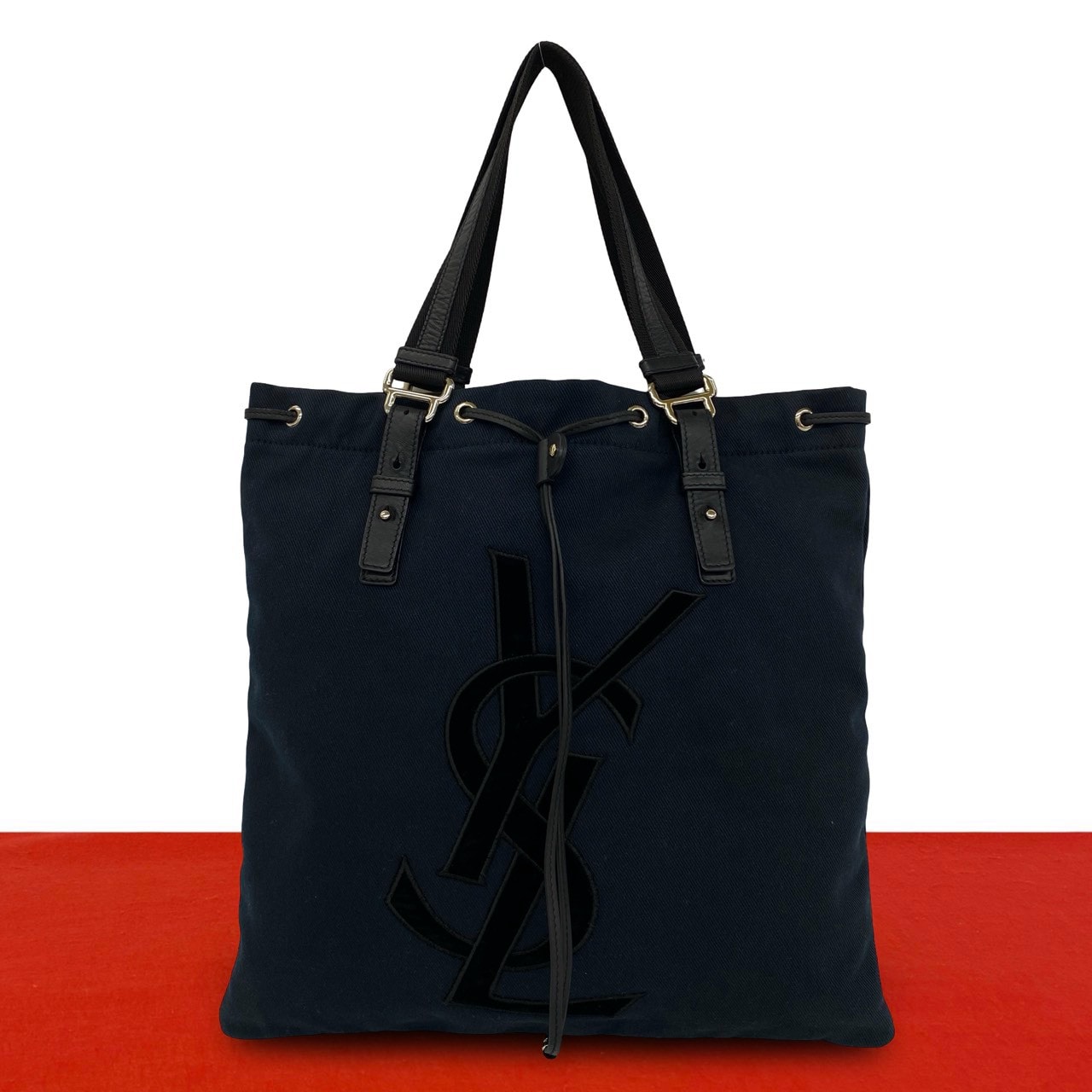 YVES SAINT LAURENT イヴ・サンローラン カハラ YSL ロゴ キャンバス ベロア レザー トートバッグ ネイビー
 34518
